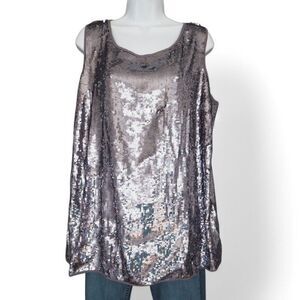 Twiggy London Sequined Metallic Scoop Neck Sleeveless Top Silver Women's 1X